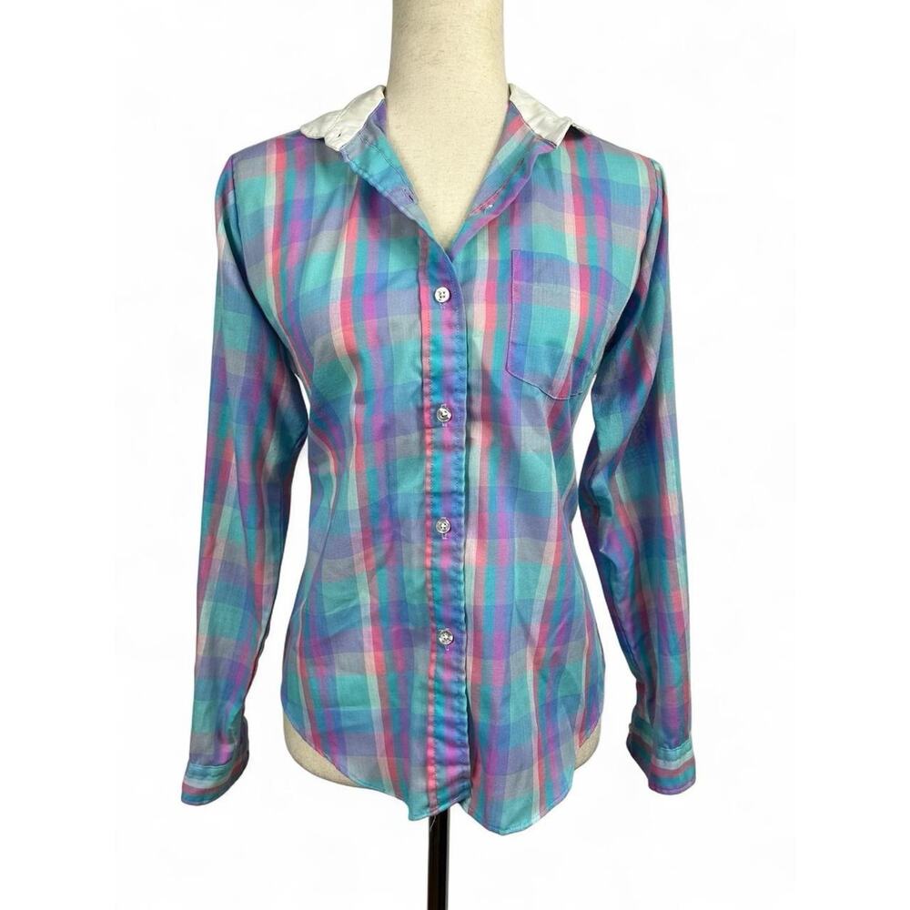 Vintage 70s Multicolor Pastel Plaid Button Up White Collar Blouse Sz 13 Large
